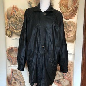 90s Vintage Oversized Black Leather Trench Coat